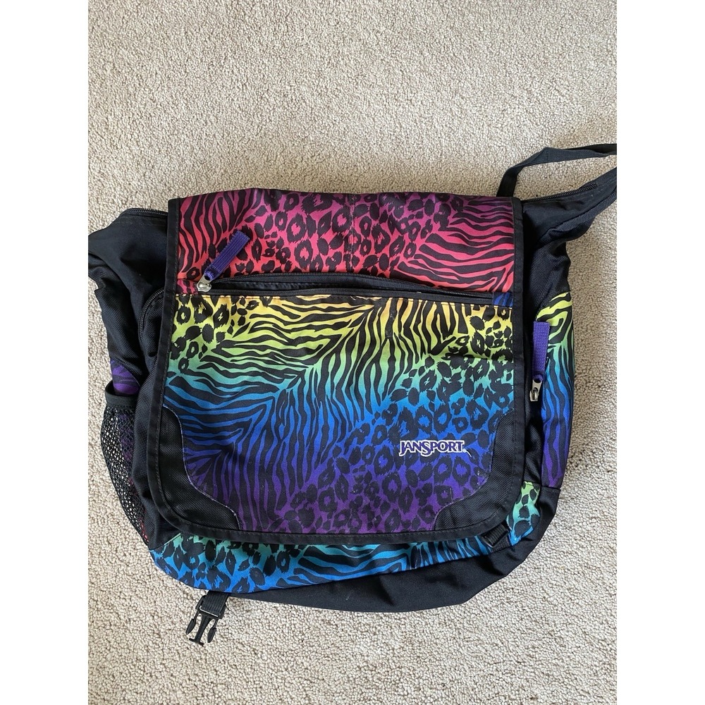 JANSPORT Multicolor Animal Crossbody Messenger Laptop Bag Y2K Lisa Frank Style